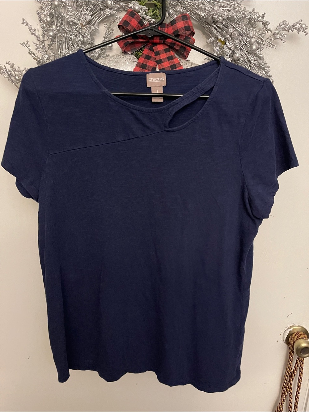 Chico's Navy Short-Sleeve Tee with Asymmetric Neck Cutout